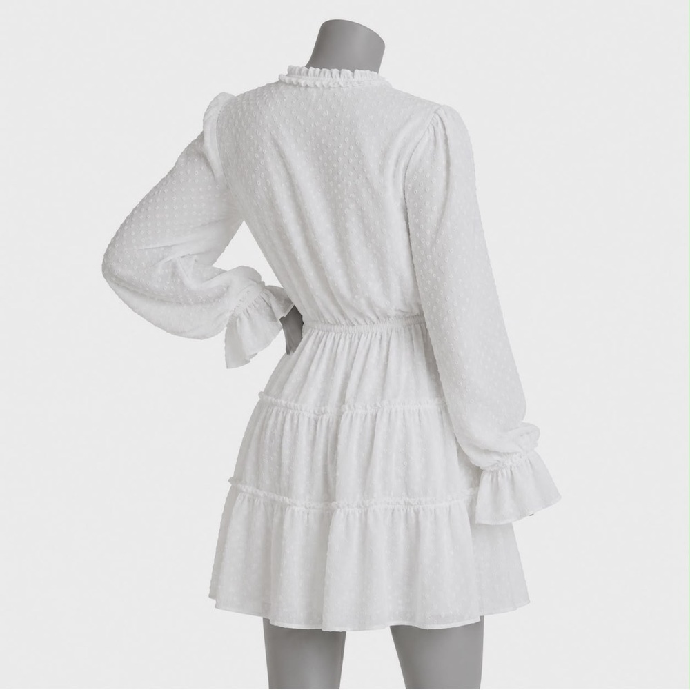 NWOT Sz Med. VENUS. White SwissDot Boho Mini Lace-up Dress w/sheer sleeves - Picture 6 of 9